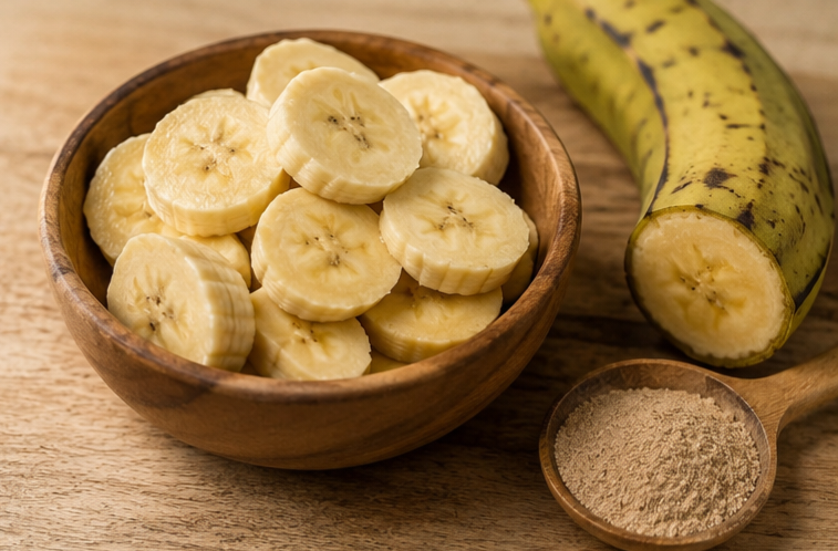 Rondelles de banane plantain fraiches, source naturelle de fibres et ingrédient apprécié dans les recettes tropicales.