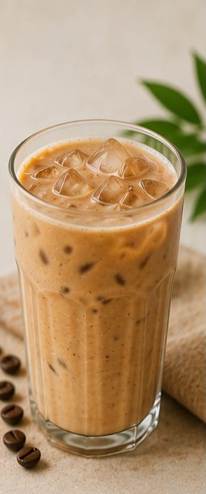Latte glacé au café et Inakobé dans un verre transparent avec glaçons, boisson rafraîchissante d'été.