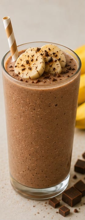 Boisson frappée à la banane, cacao et Inakobé servie dans un grand verre avec des glaçons.