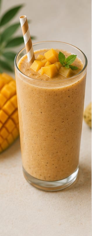 Verre de smoothie à la mangue préparé avec Inakobé, servi frais avec des glaçons pour une recette estivale rafraîchissante.