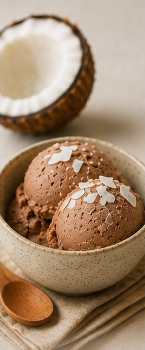 Glace coco-chocolat réalisée avec Inakobé dans une coupe, dessert glacé gourmand pour l'été.