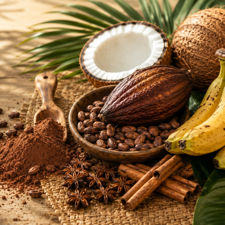 cinq ingredients naturels cacao banane plantain anis étoilé canelle coco